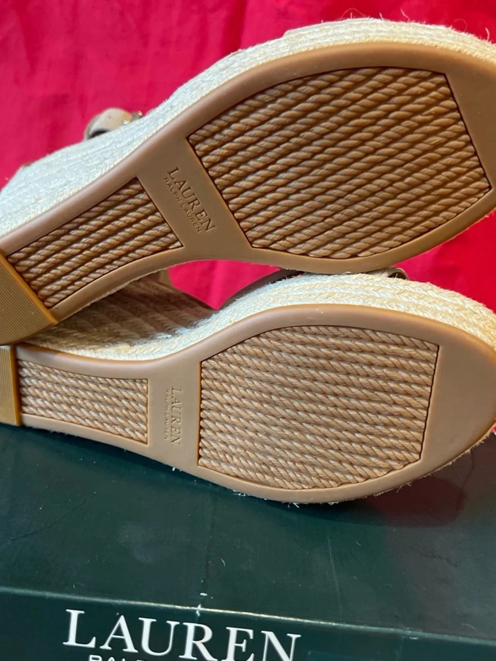 Ralph Lauren Beige Suede Wedge Espadrille Sandals with Gold RL Hardware 10B